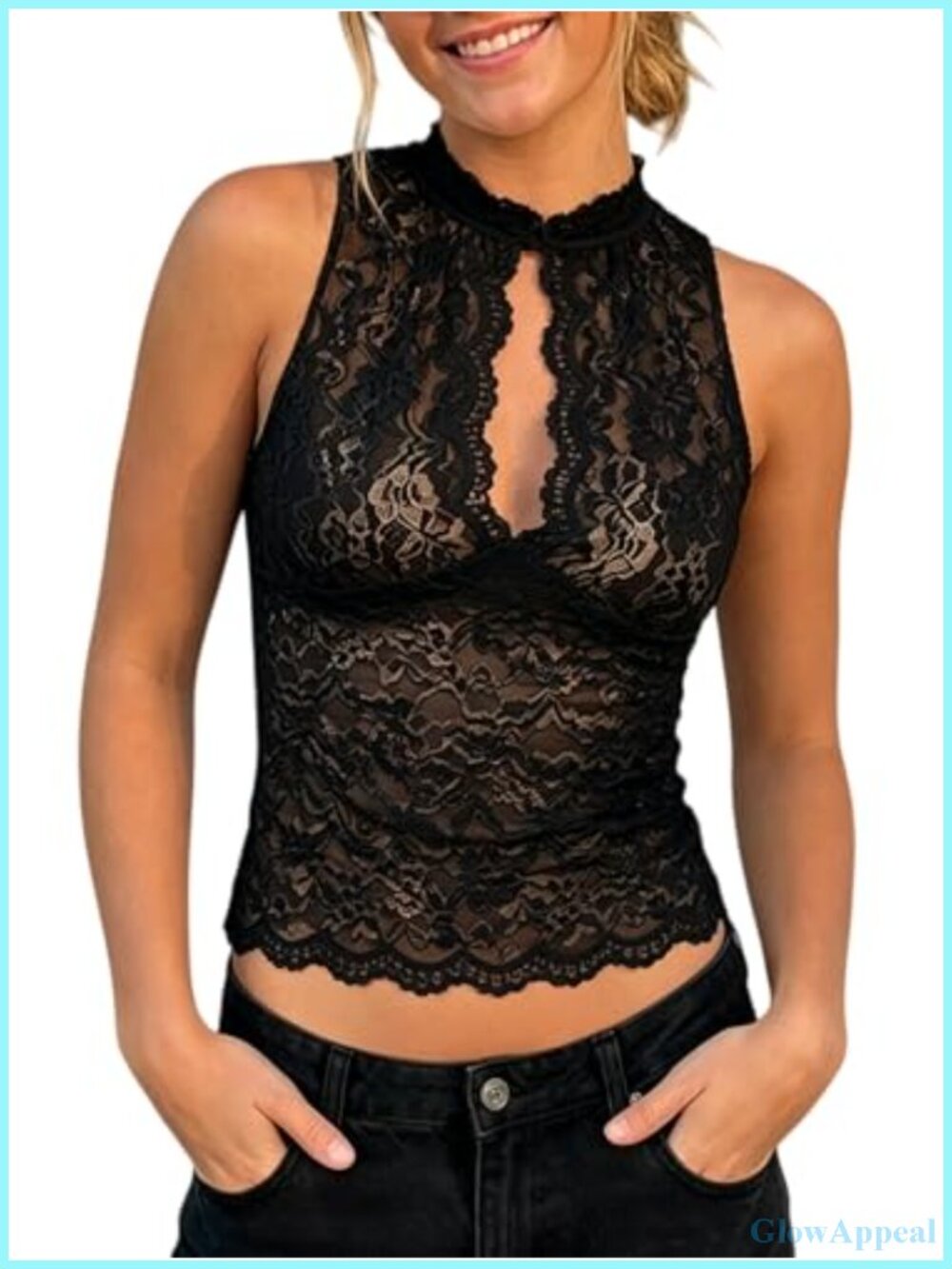 Seyumixi Womens Lace Mock Neck Cutout Sleeveless Crop Tank Top